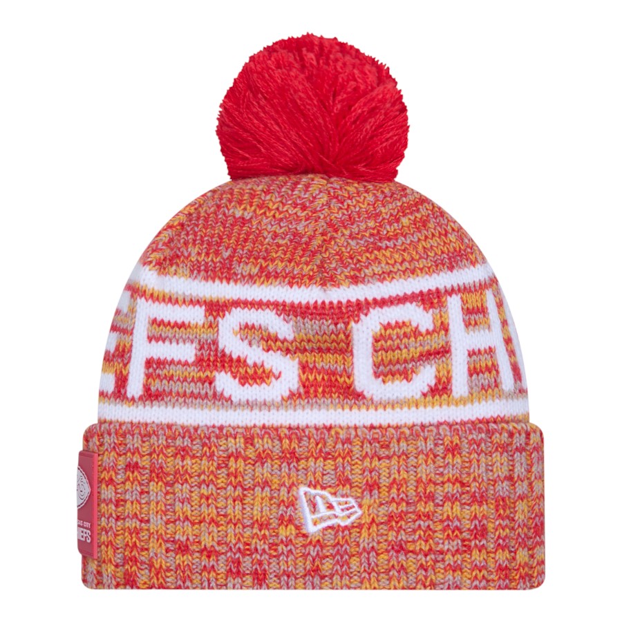 Kansas City Chiefs Red 2025 Sideline Cold Weather New Era Cuffed Beanie Knit Hat with Pom