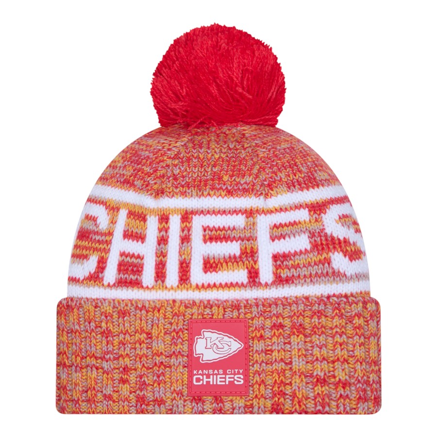 Kansas City Chiefs Red 2025 Sideline Cold Weather New Era Cuffed Beanie Knit Hat with Pom