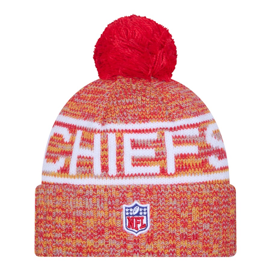 Kansas City Chiefs Red 2025 Sideline Cold Weather New Era Cuffed Beanie Knit Hat with Pom