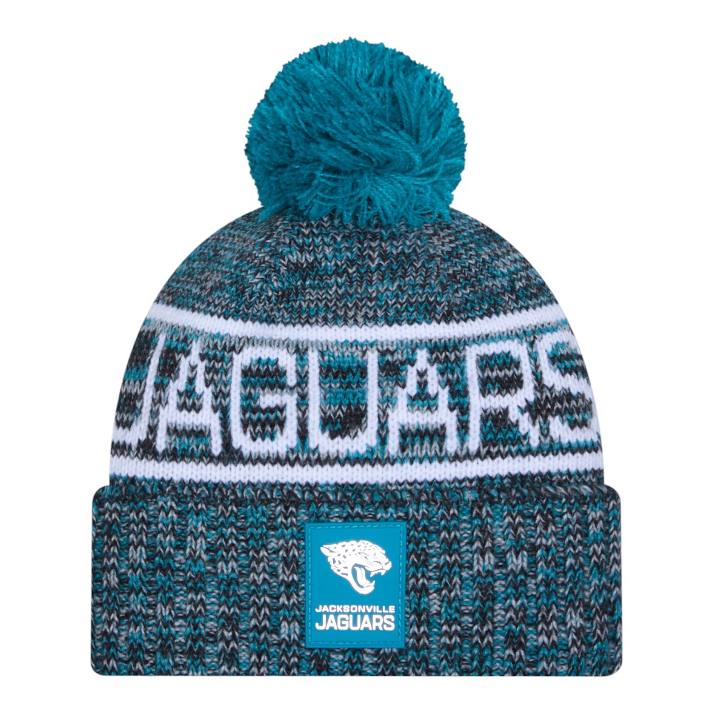 Jacksonville Jaguars Teal 2025 Sideline Cold Weather New Era Cuffed Beanie Knit Hat with Pom
