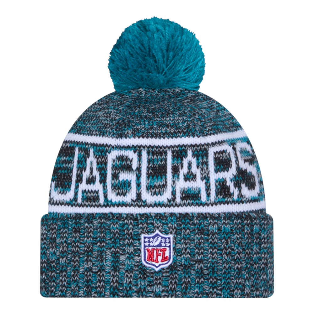 Jacksonville Jaguars Teal 2025 Sideline Cold Weather New Era Cuffed Beanie Knit Hat with Pom
