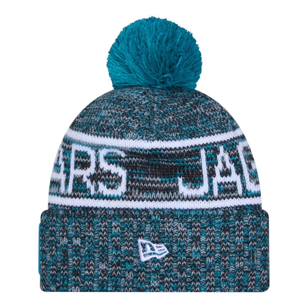 Jacksonville Jaguars Teal 2025 Sideline Cold Weather New Era Cuffed Beanie Knit Hat with Pom