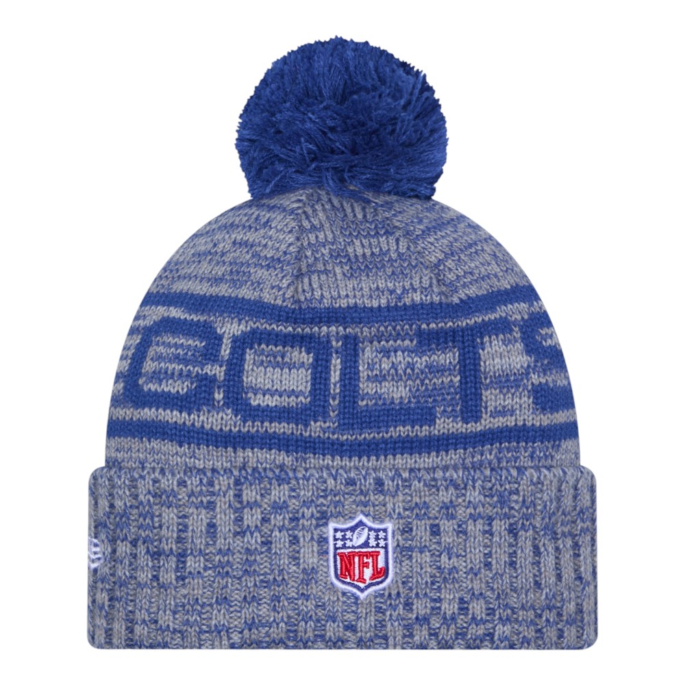 Indianapolis Colts Blue 2025 Sideline Cold Weather New Era Cuffed Beanie Knit Hat with Pom
