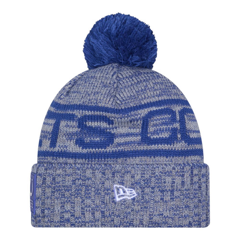 Indianapolis Colts Blue 2025 Sideline Cold Weather New Era Cuffed Beanie Knit Hat with Pom