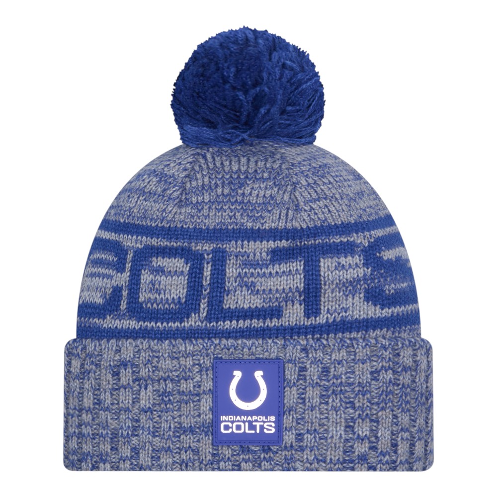 Indianapolis Colts Blue 2025 Sideline Cold Weather New Era Cuffed Beanie Knit Hat with Pom