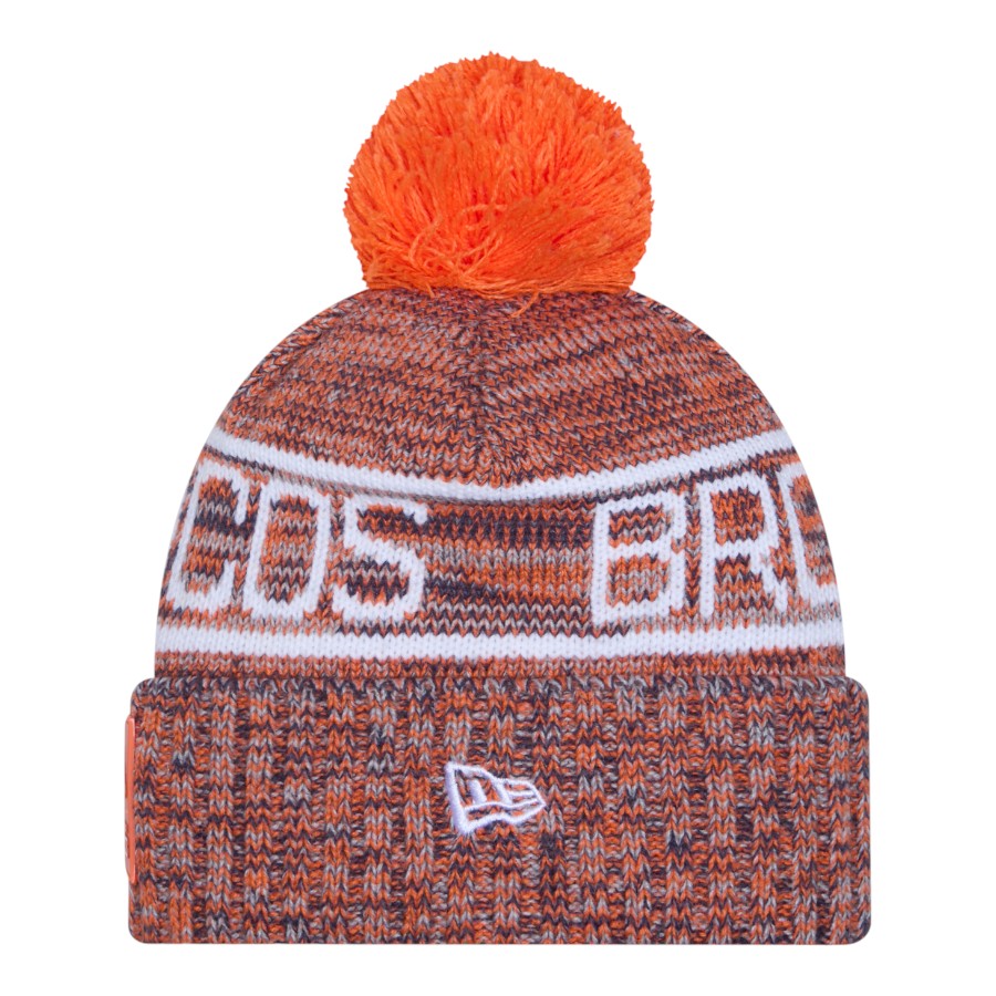 Denver Broncos Orange 2025 Sideline Cold Weather New Era Cuffed Beanie Knit Hat with Pom