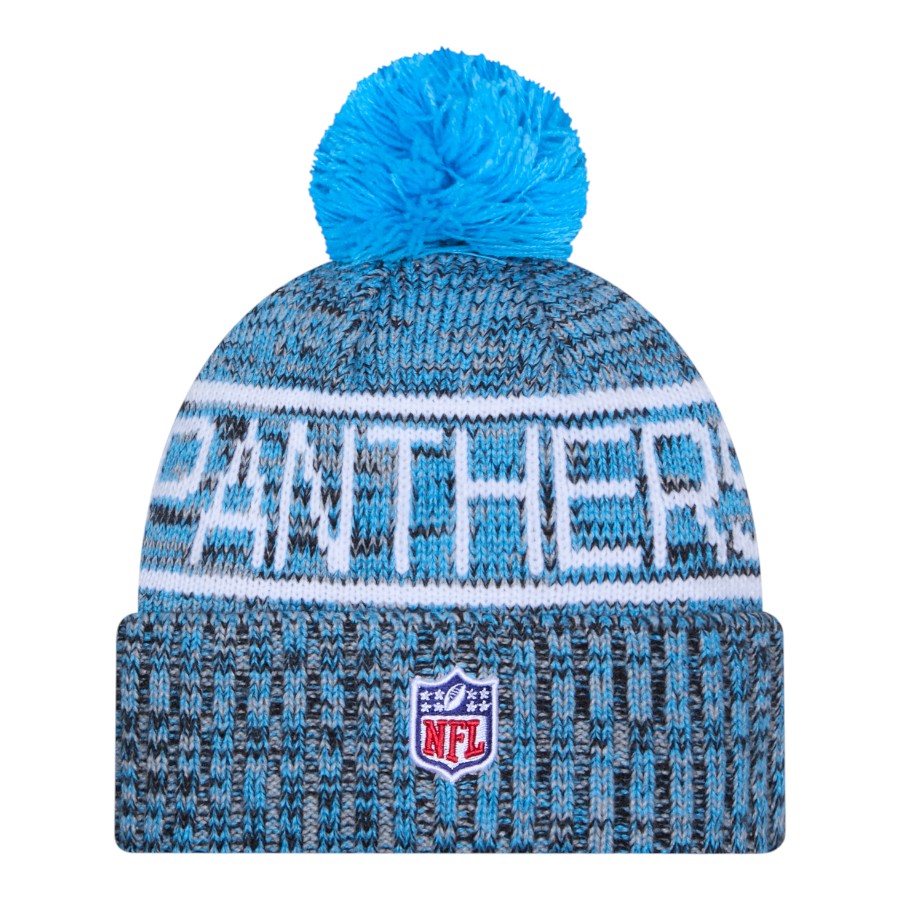 Carolina Panthers Blue 2025 Sideline Cold Weather New Era Cuffed Beanie Knit Hat with Pom