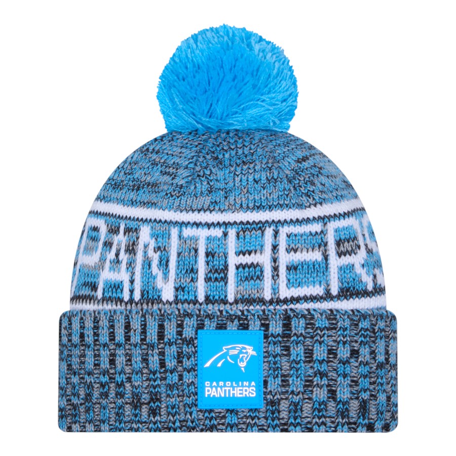 Carolina Panthers Blue 2025 Sideline Cold Weather New Era Cuffed Beanie Knit Hat with Pom
