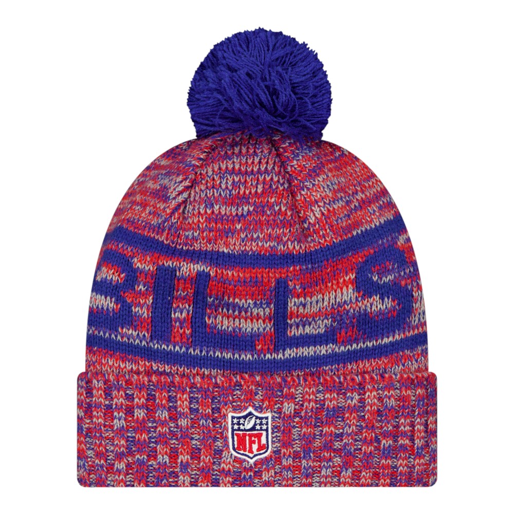 Buffalo Bills Red and Blue 2025 Sideline Cold Weather New Era Cuffed Beanie Knit Hat with Pom