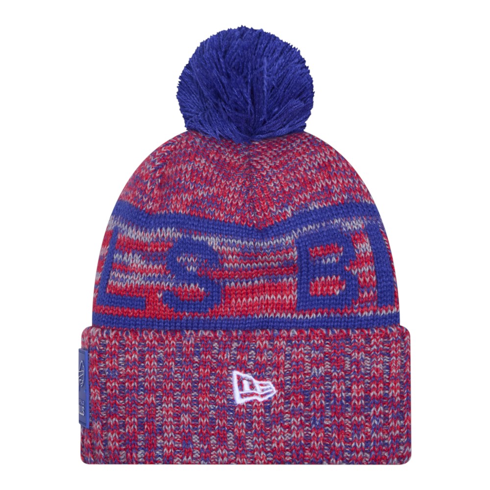 Buffalo Bills Red and Blue 2025 Sideline Cold Weather New Era Cuffed Beanie Knit Hat with Pom