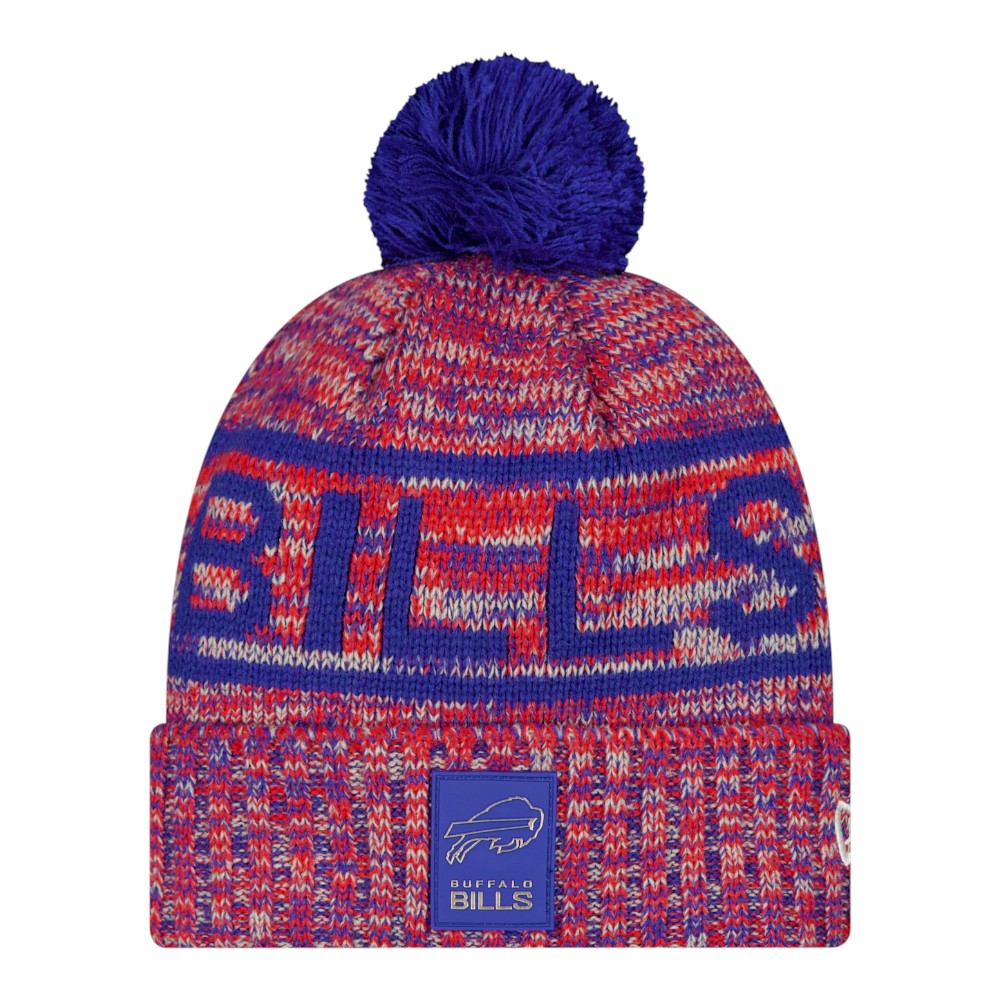 Buffalo Bills Red and Blue 2025 Sideline Cold Weather New Era Cuffed Beanie Knit Hat with Pom