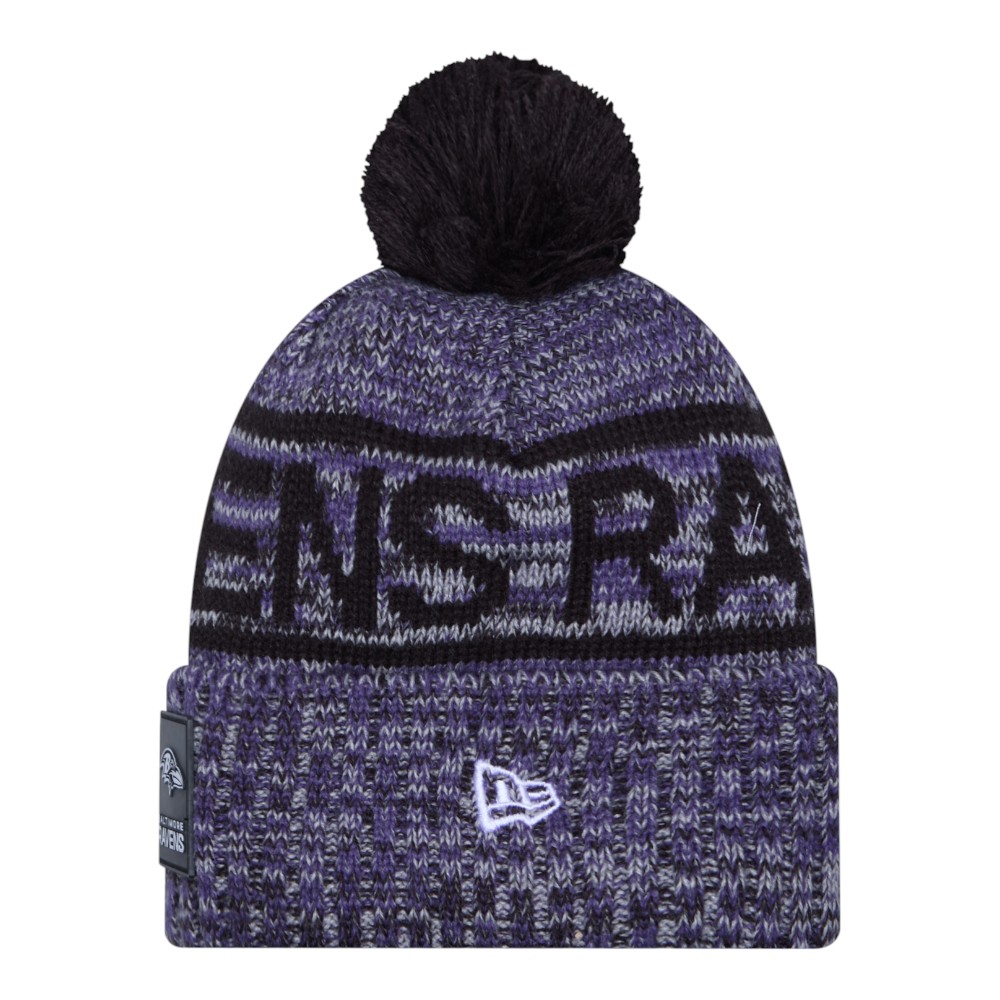Baltimore Ravens Purple 2025 Sideline Cold Weather New Era Cuffed Beanie Knit Hat with Pom