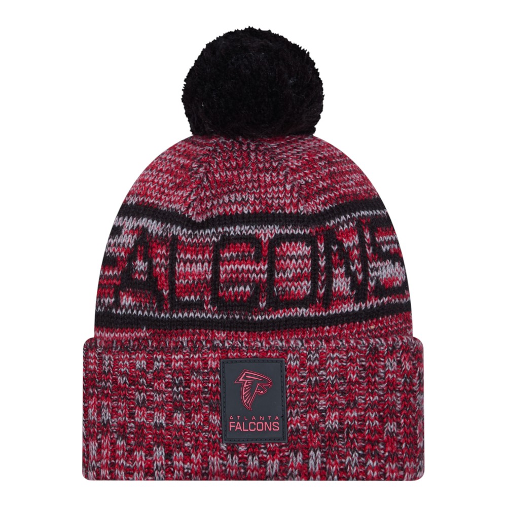 Atlanta Falcons Red and Black 2025 Sideline Cold Weather New Era Cuffed Beanie Knit Hat with Pom