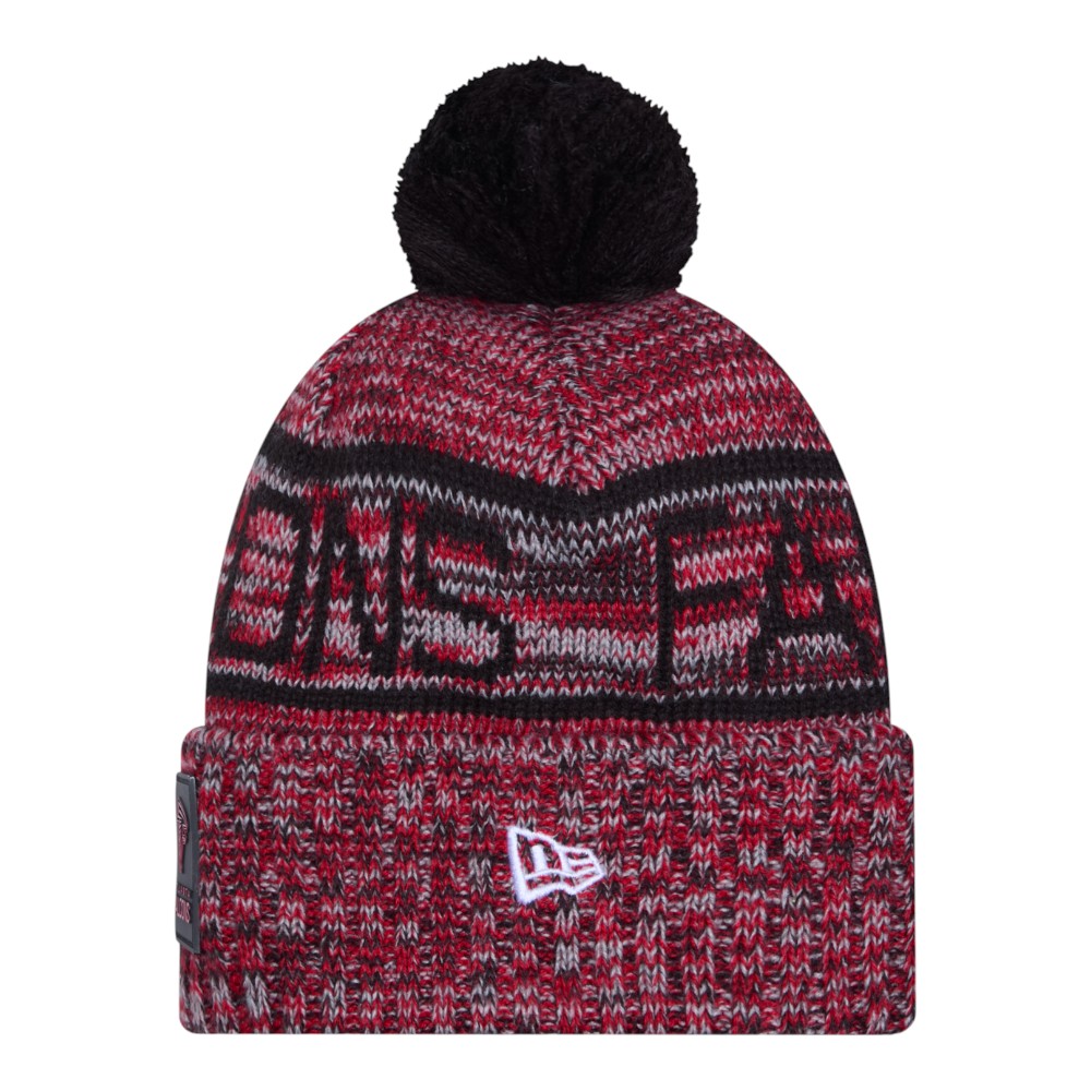 Atlanta Falcons Red and Black 2025 Sideline Cold Weather New Era Cuffed Beanie Knit Hat with Pom