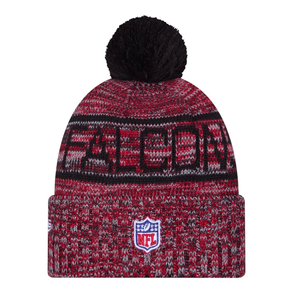 Atlanta Falcons Red and Black 2025 Sideline Cold Weather New Era Cuffed Beanie Knit Hat with Pom