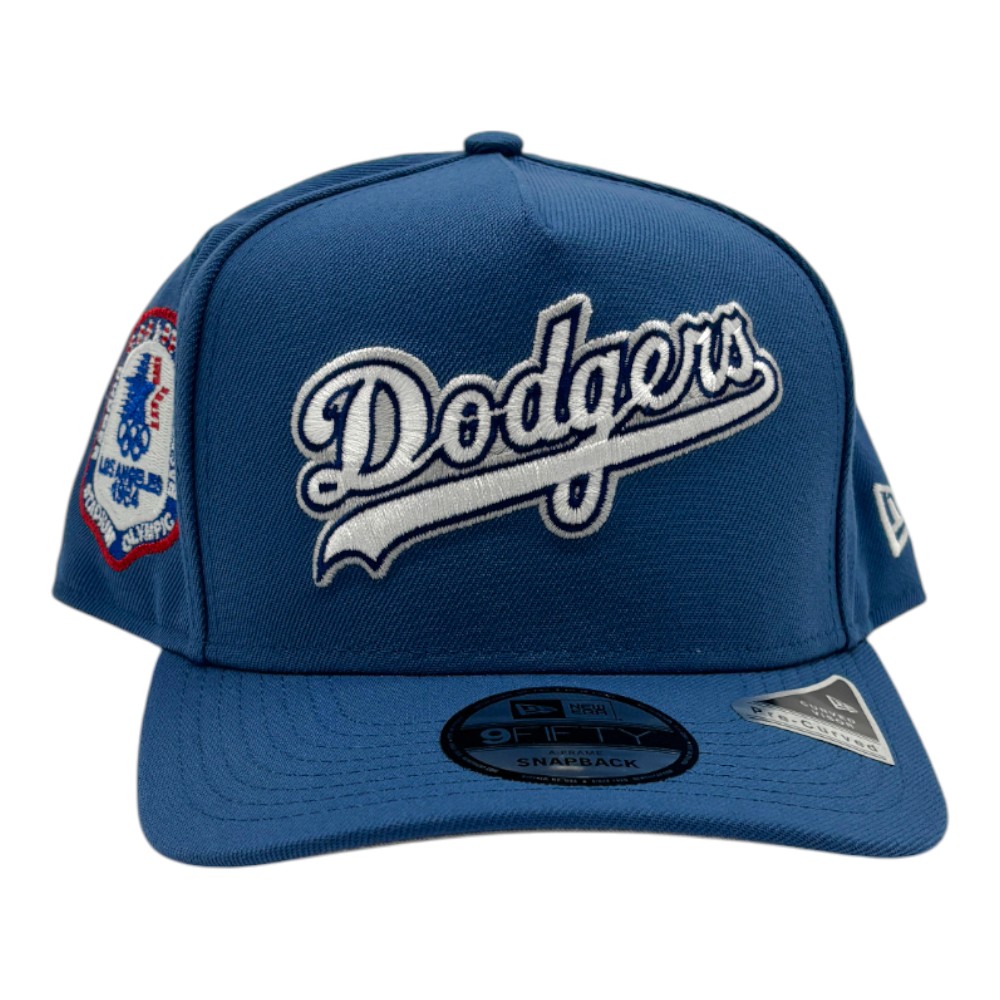 Los Angeles Dodgers Indigo Blue Script 1984 Olympic Patch Grey UV New Era 9FIFTY A-Frame Snapback Hat