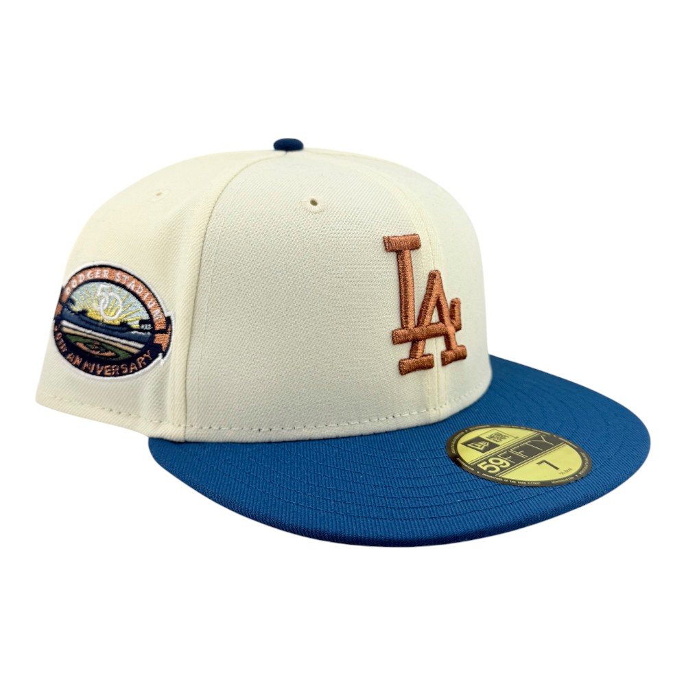 Los Angeles Dodgers Chrome and Seashore Blue with Copper Logo 50th Anniversary Patch Grey UV New Era 59FIFTY Fitted Hat