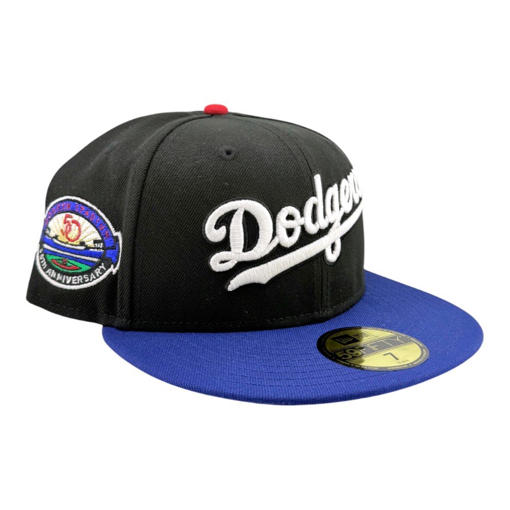 Los Angeles Dodgers Black and Royal Script 50th Anniversary Patch Green UV New Era 59FIFTY Fitted Hat
