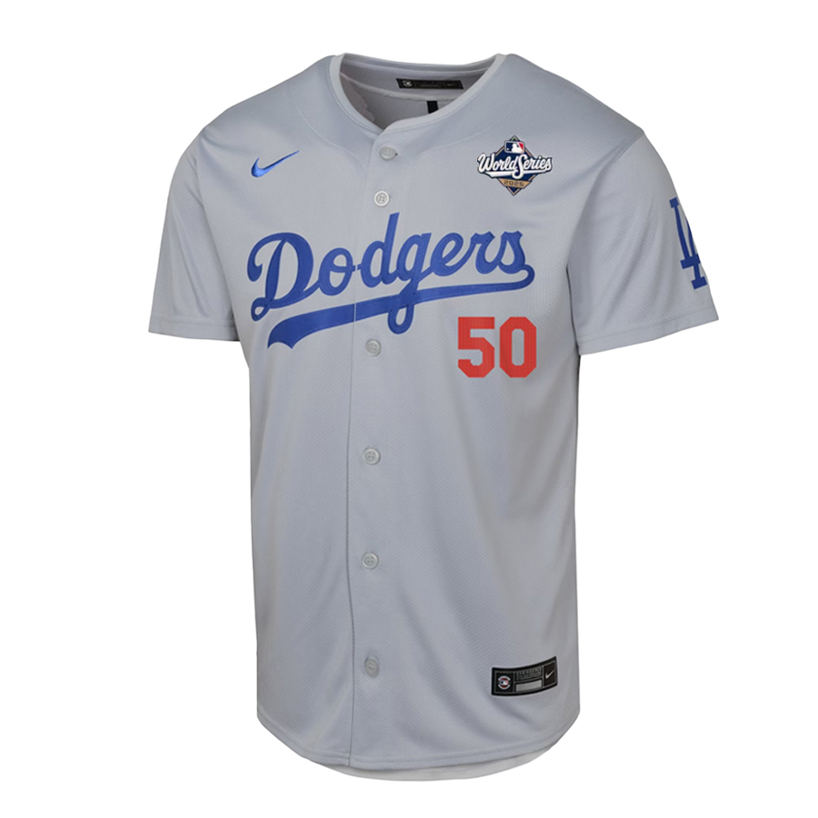 Youth Los Angeles Dodgers Mookie Betts 2025 World Series Patch Grey Road Nike Limited Jersey