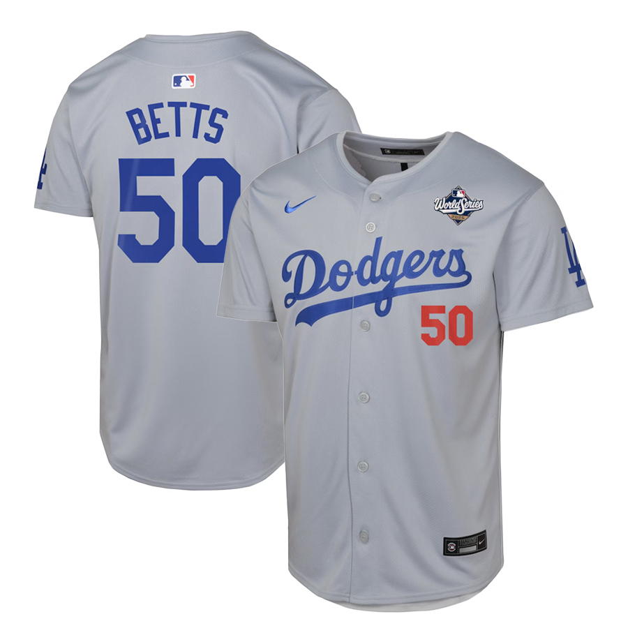 Youth Los Angeles Dodgers Mookie Betts 2025 World Series Patch Grey Road Nike Limited Jersey
