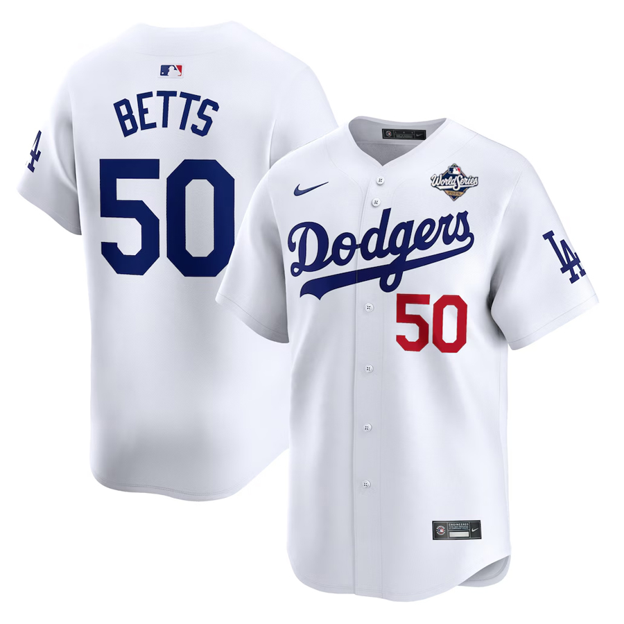 Los Angeles Dodgers Mookie Betts 2025 World Series Patch White Home Nike Limited Player Jersey