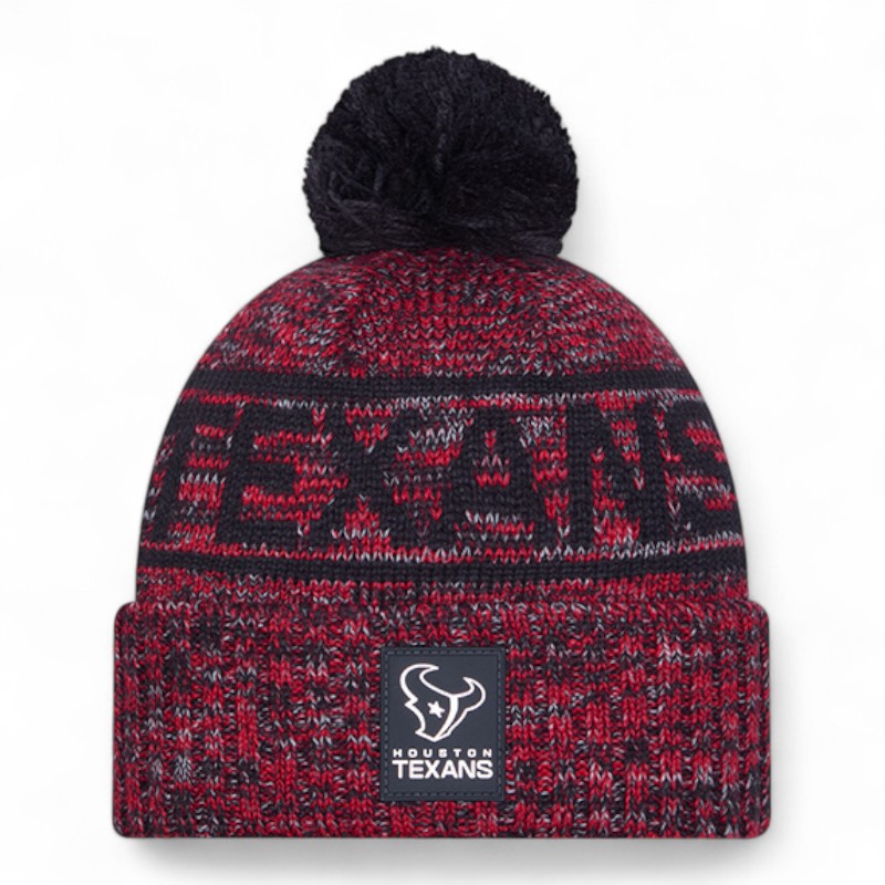 Houston Texans Black and Red Main Logo 2025 Sideline Cold Weather New Era Cuffed Beanie Knit Hat with Pom