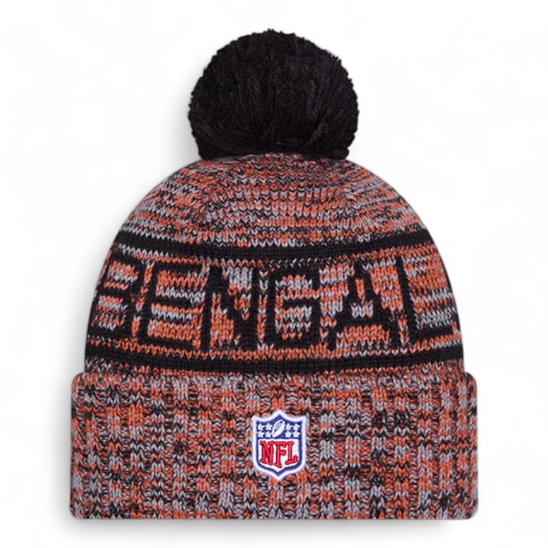Cincinnati Bengals Black and Orange B Logo 2025 Sideline Cold Weather New Era Cuffed Beanie Knit Hat with Pom