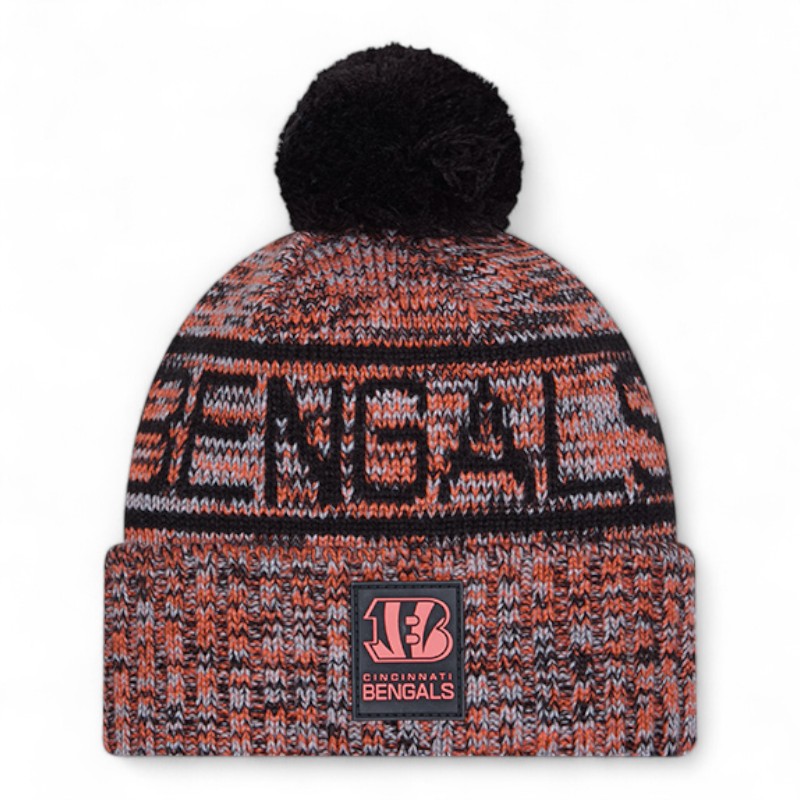 Cincinnati Bengals Black and Orange B Logo 2025 Sideline Cold Weather New Era Cuffed Beanie Knit Hat with Pom