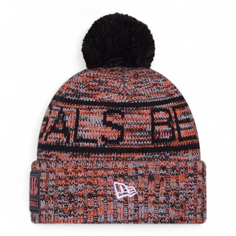 Cincinnati Bengals Black and Orange B Logo 2025 Sideline Cold Weather New Era Cuffed Beanie Knit Hat with Pom