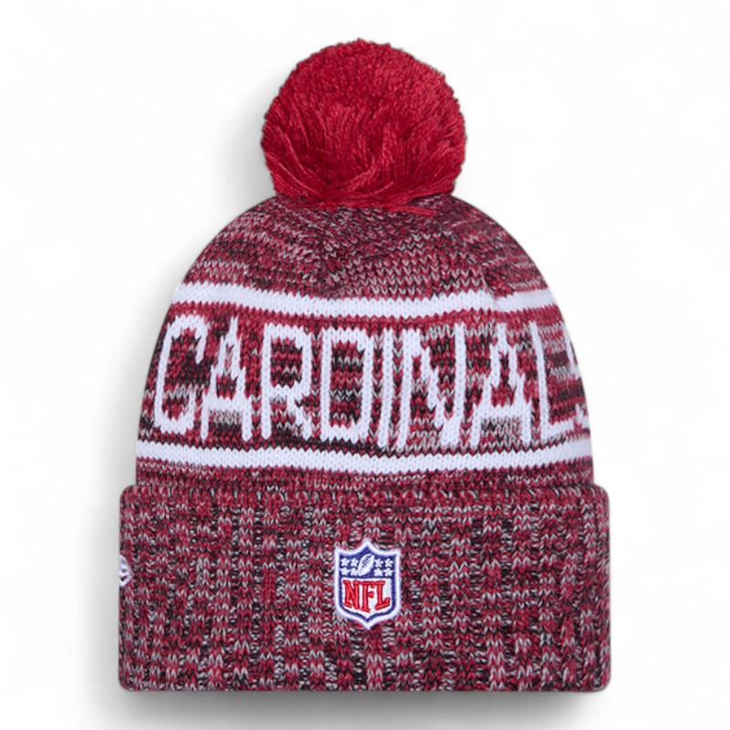 Arizona Cardinals Red and Black 2025 Sideline Cold Weather New Era Cuffed Beanie Knit Hat with Pom