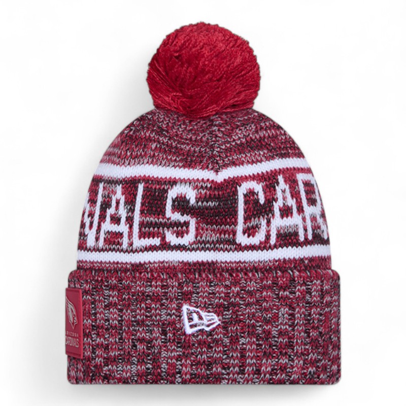 Arizona Cardinals Red and Black 2025 Sideline Cold Weather New Era Cuffed Beanie Knit Hat with Pom