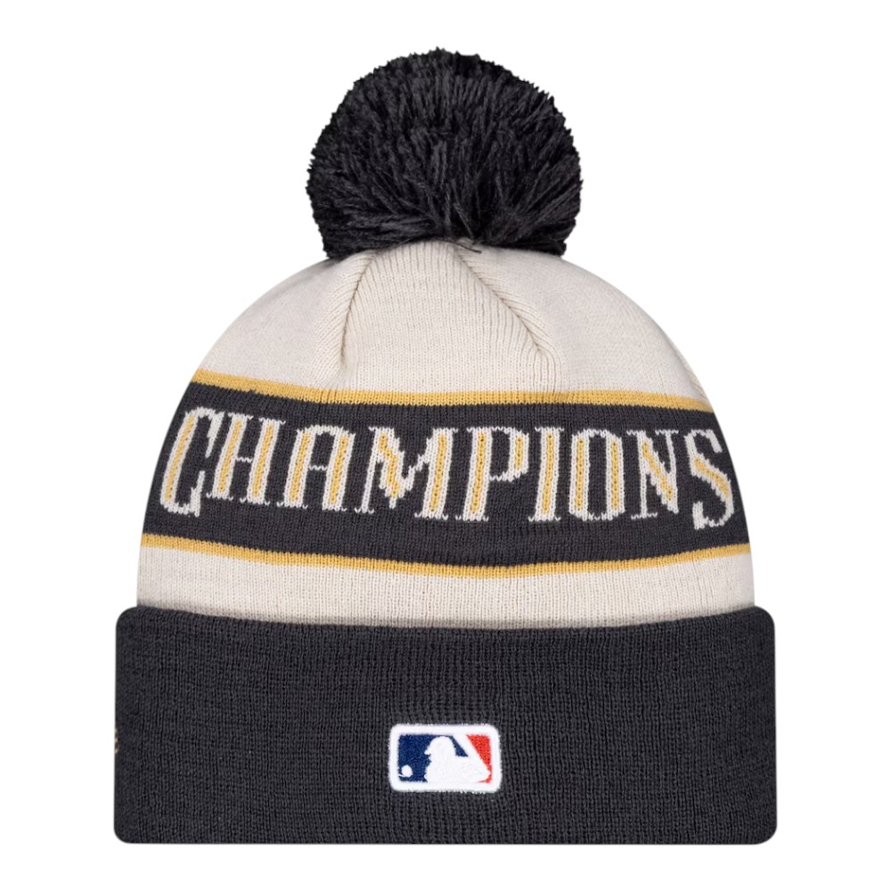 Los Angeles Dodgers Cream and Charcoal 2025 World Series Champions Locker Room New Era Cuffed Knit Hat with Pom
