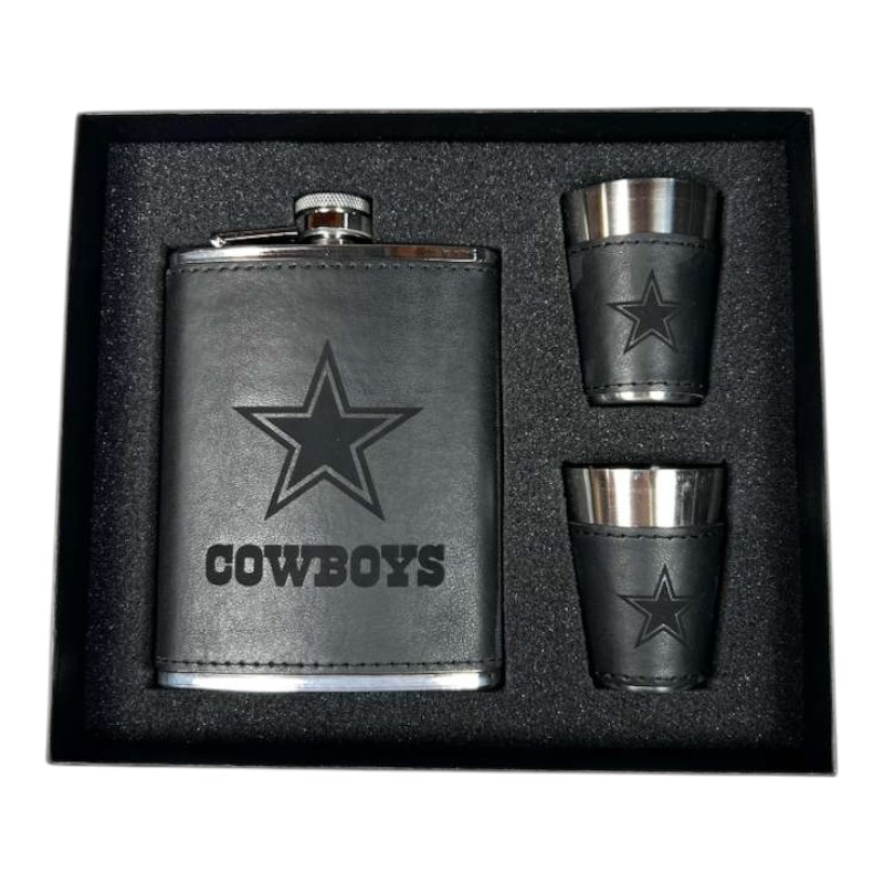 【お得3点セット★】NFL Cowboys グッズセット Dallas Cowboys Black Leather 3 Piece Flask and Shot Glass Set