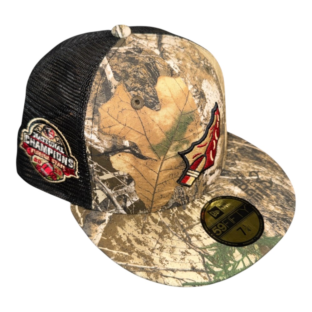 Florida State Seminoles Realtree and Black Mesh Trucker 2013 Championship Patch Grey UV NCAA New Era 59FIFTY Fitted Hat