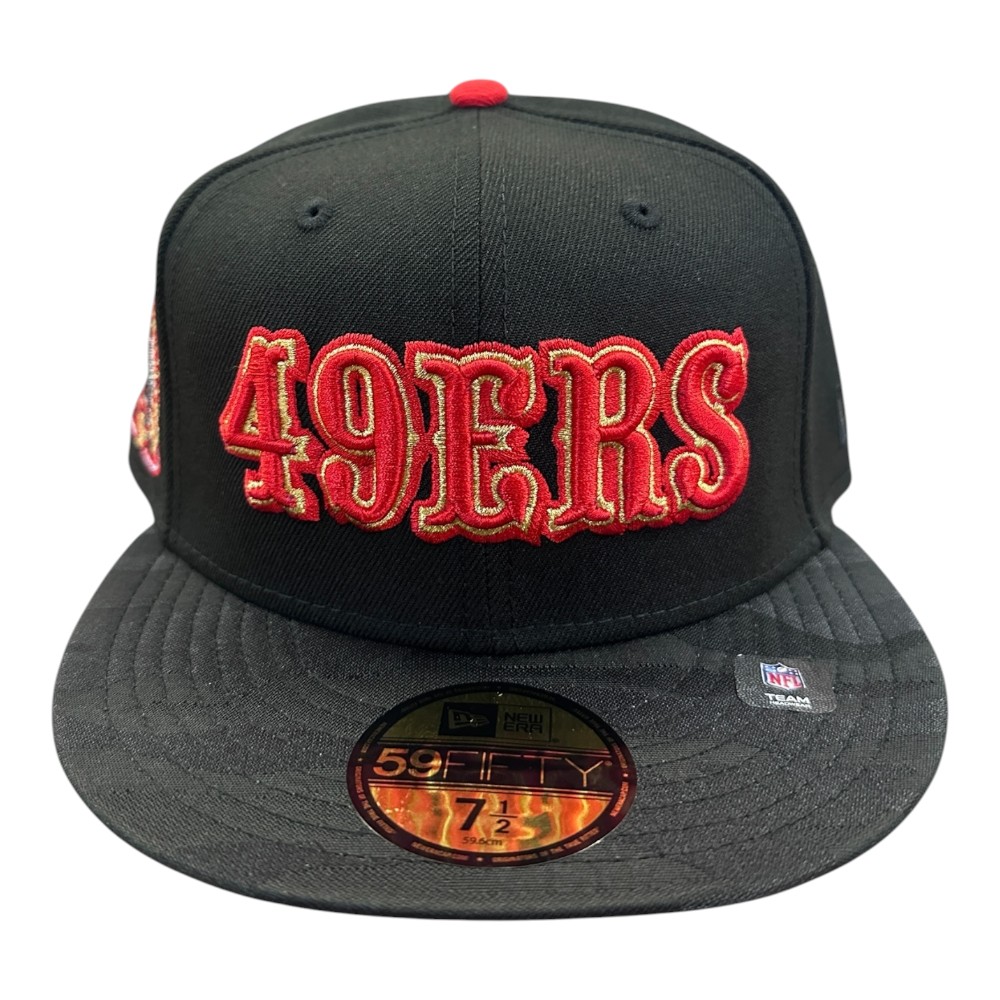 San Francisco 49ers Black Camo Two Tone Wordmark Logo 40th Anniversary Patch Grey UV New Era 59FIFTY Fitted Hat