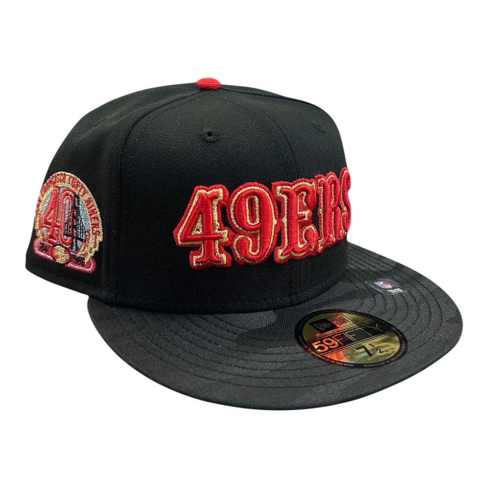 San Francisco 49ers Black Camo Two Tone Wordmark Logo 40th Anniversary Patch Grey UV New Era 59FIFTY Fitted Hat