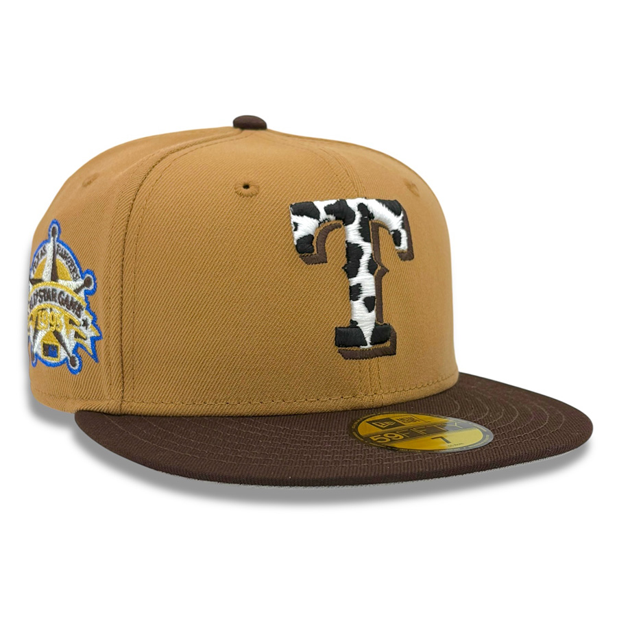 Texas Rangers Brown Cow Print Logo 1995 All Star Game Patch Grey UV New Era 59FIFTY Fitted Hat