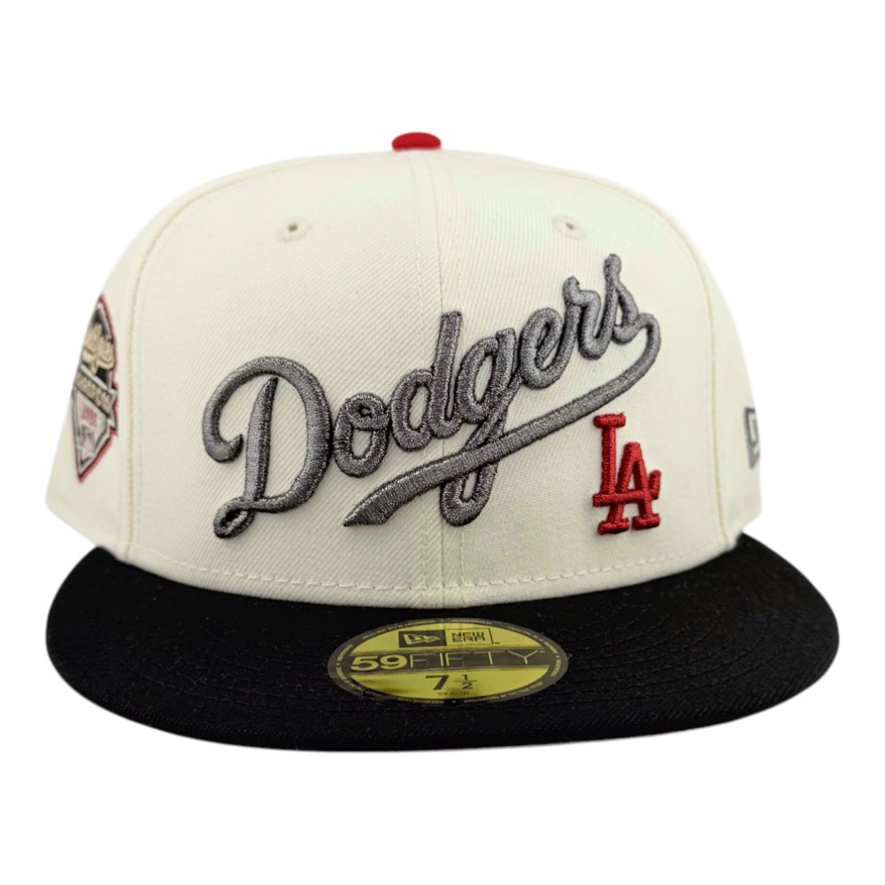 Los Angeles Dodgers Chrome and Black Script Logo 2025 World Series Champions Patch Gray UV New Era 59FIFTY Fitted Hat