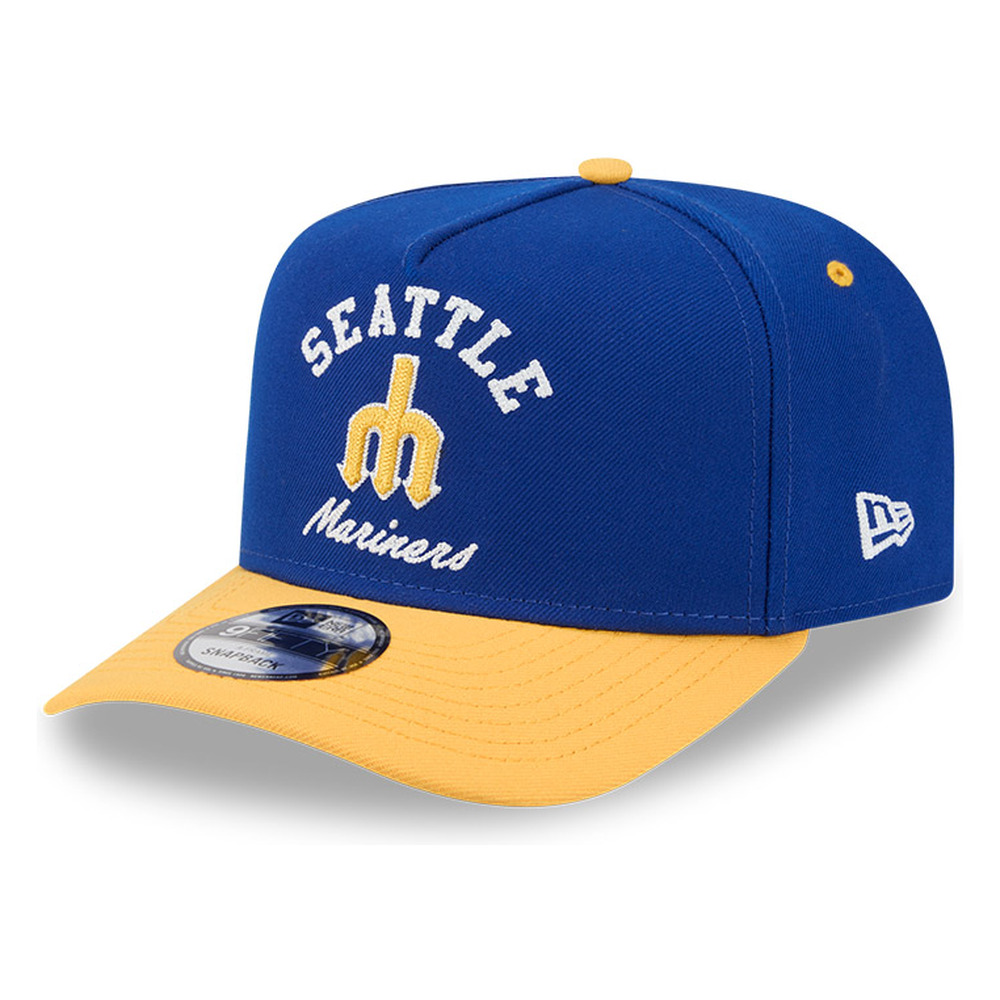 Seattle Mariners Royal Blue and Yellow Arched Text with Logo New Era 9FIFTY A-Frame Snapback Hat