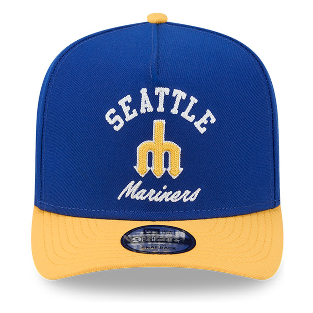 Seattle Mariners Royal Blue and Yellow Arched Text with Logo New Era 9FIFTY A-Frame Snapback Hat