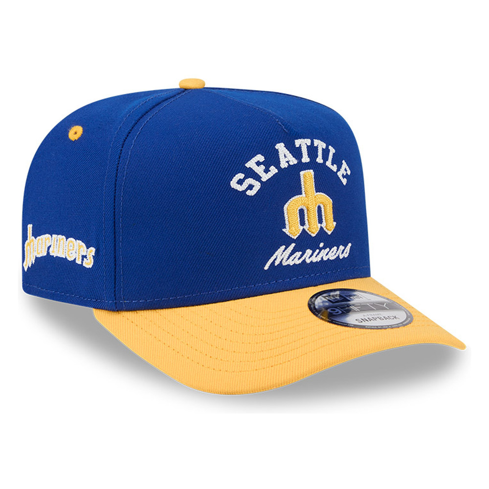Seattle Mariners Royal Blue and Yellow Arched Text with Logo New Era 9FIFTY A-Frame Snapback Hat