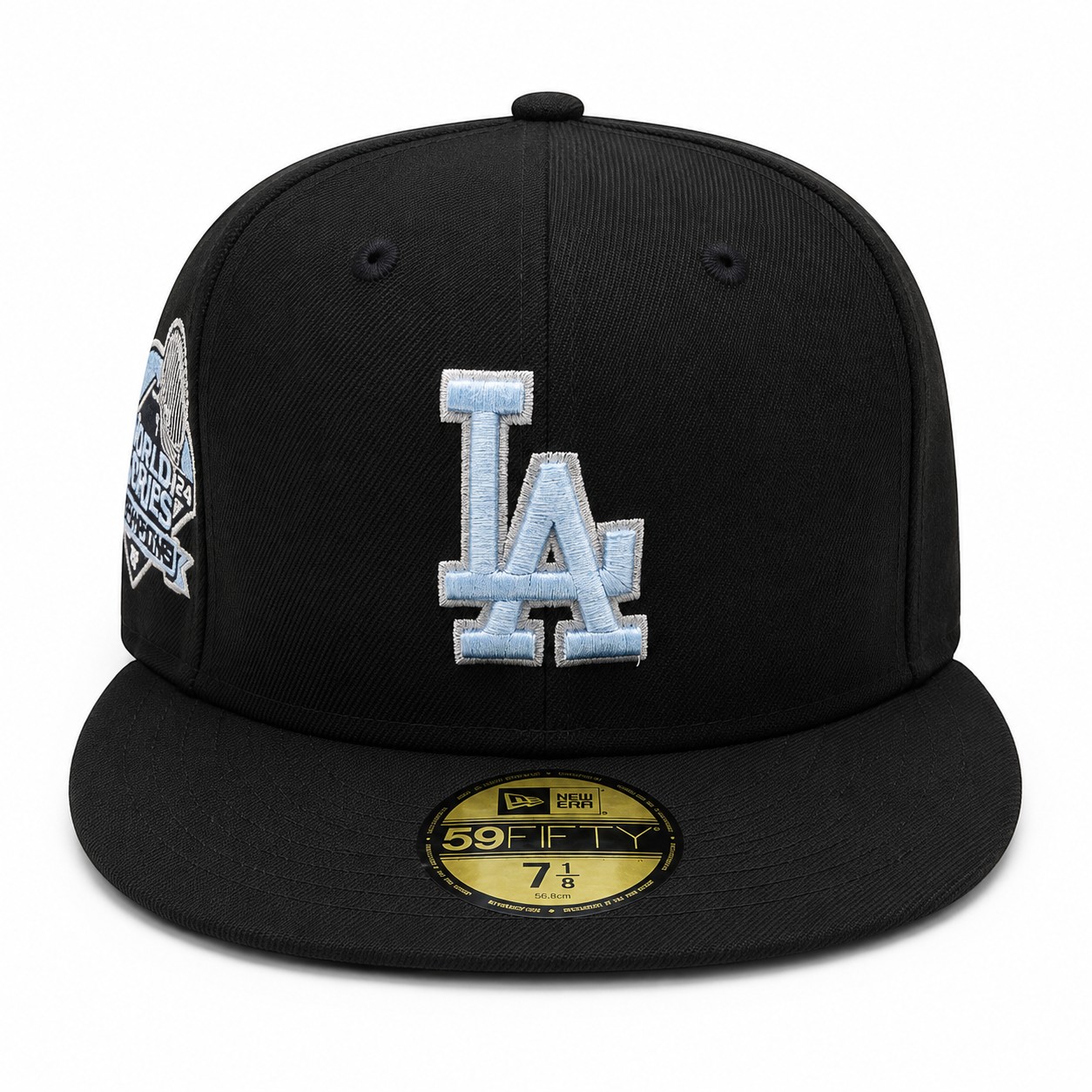 Los Angeles Dodgers Light Blue on Black 2024 World Series Champions Patch UV New Era 59FIFTY Fitted Hat