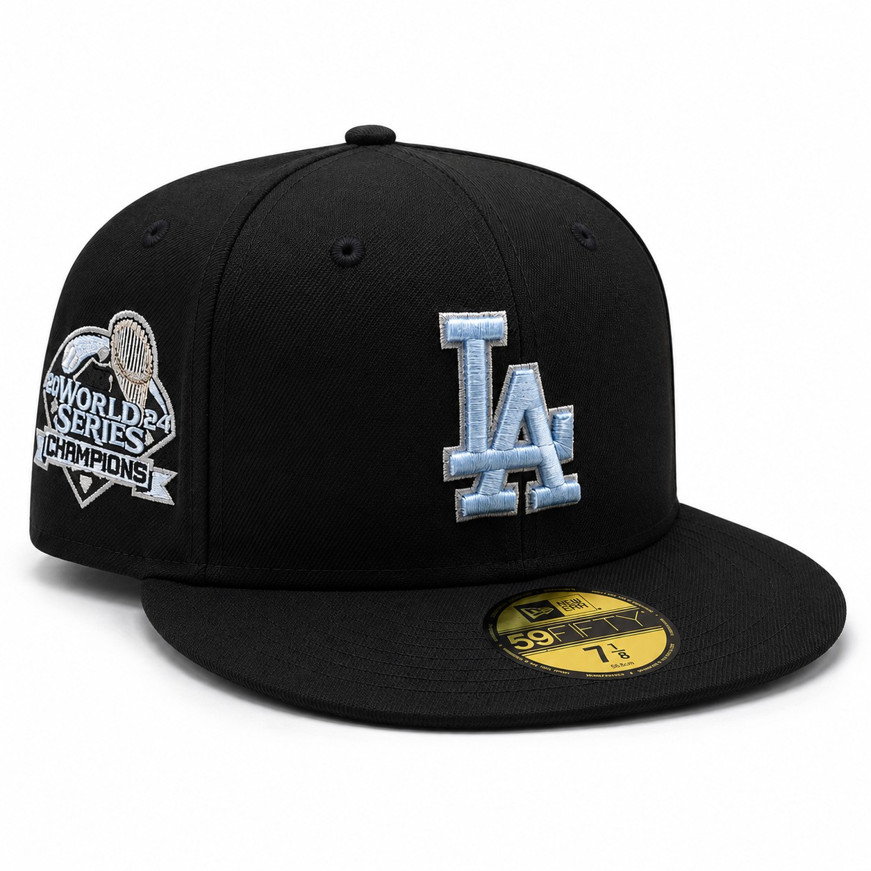 Los Angeles Dodgers Light Blue on Black 2024 World Series Champions Patch UV New Era 59FIFTY Fitted Hat