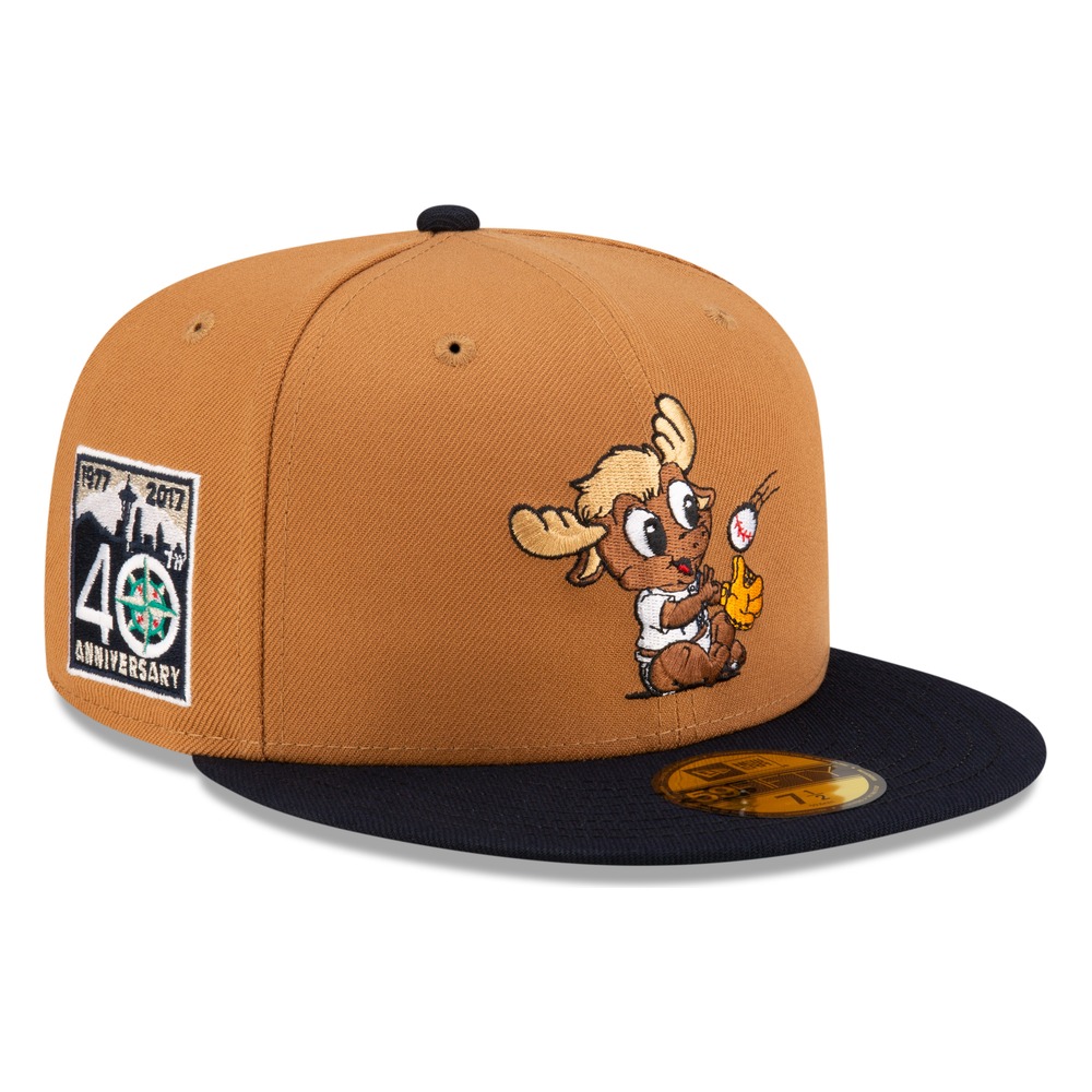 Seattle Mariners Wheat 40th Anniversary Patch Mini Mariner Moose Mascot New Era 59FIFTY Fitted Hat