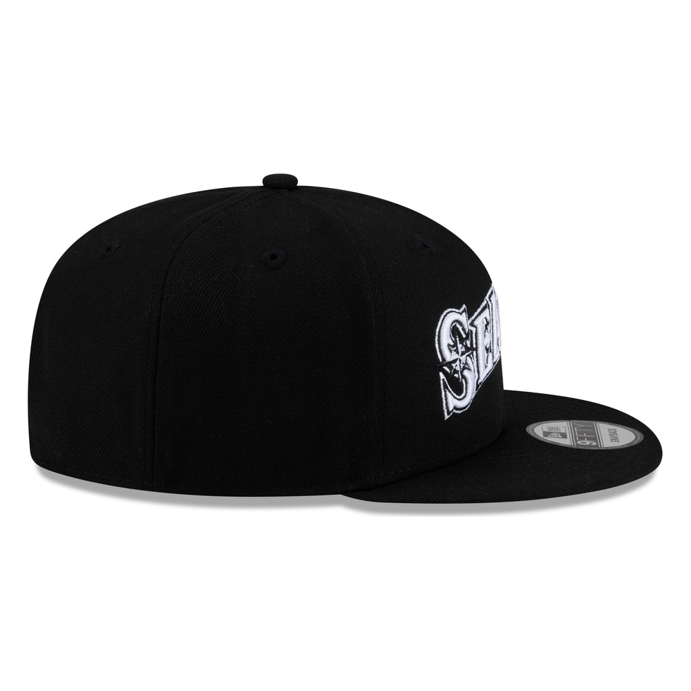 Seattle Mariners Black White Distressed SEATTLE Wordmark New Era 9FIFTY Snapback Hat