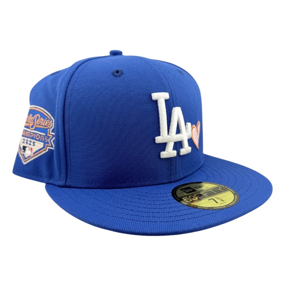 Los Angeles Dodgers Royal Blue LA with Pink Heart 2025 World Series Champions Patch Pink UV New Era 59FIFTY Fitted Hat