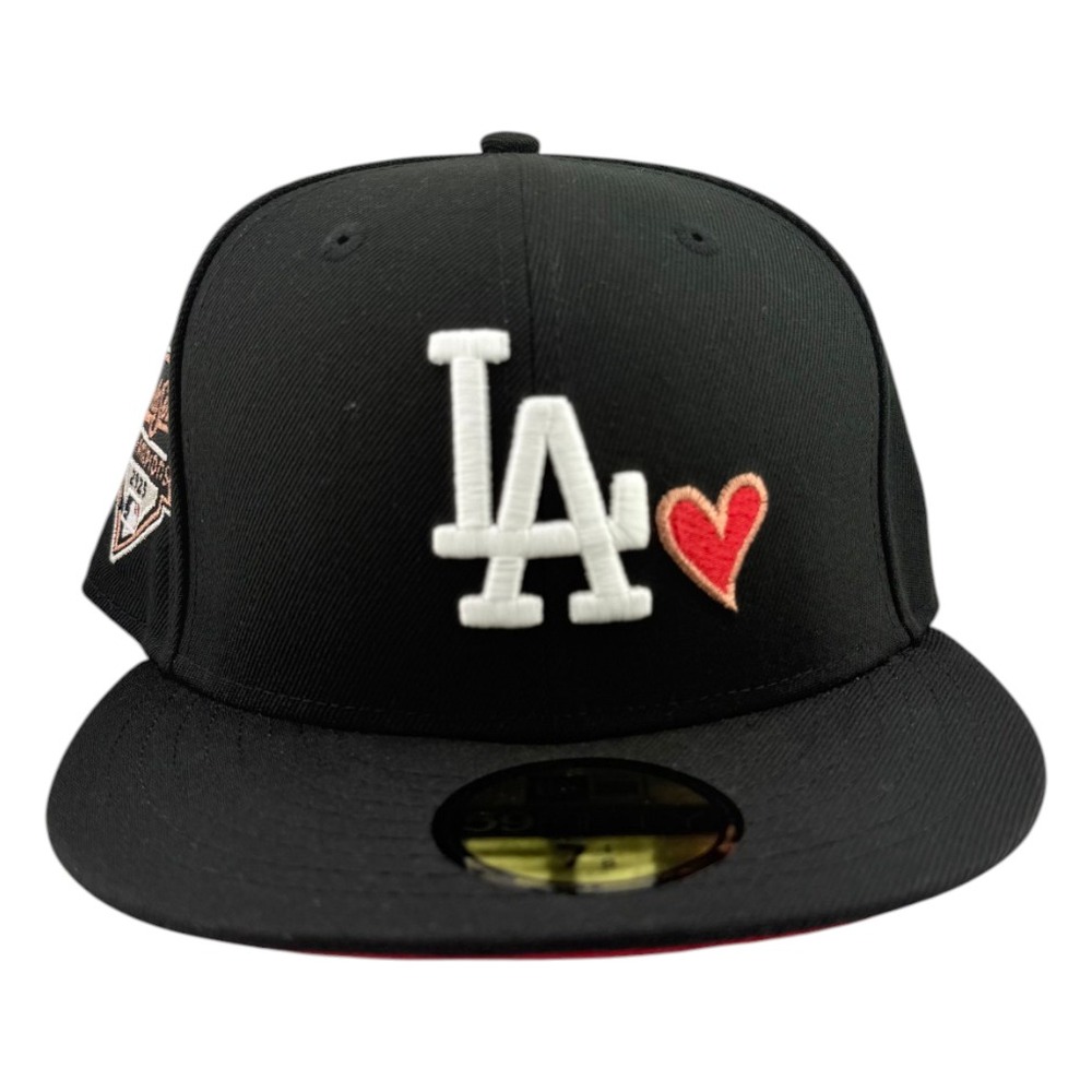 Los Angeles Dodgers Black White LA with Red Heart 2025 World Series Champions Patch Red UV New Era 59FIFTY Fitted Hat