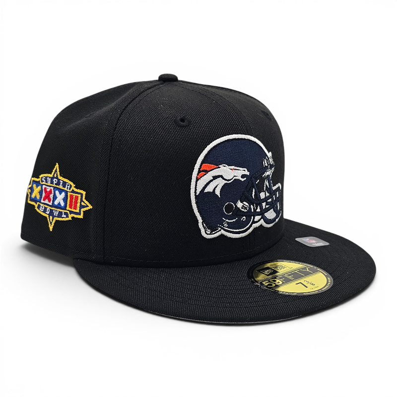 Denver Broncos Black Helmet Leon the Lab Supebowl 32 XXXII Patch Grey UV New Era 59FIFTY Fitted Hat