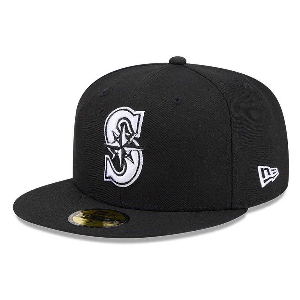 Seattle Mariners Black White Outline Basic New Era 59FIFTY Fitted Hat