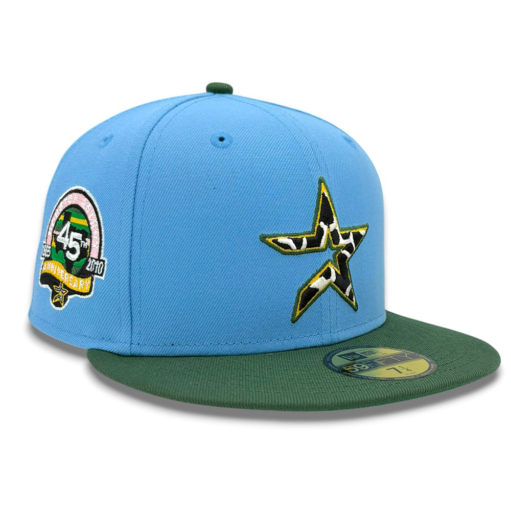 Houston Astros Blue and Green Two Tone Cow Print Logo 45th Anniversary Patch UV New Era 59FIFTY Fitted Hat